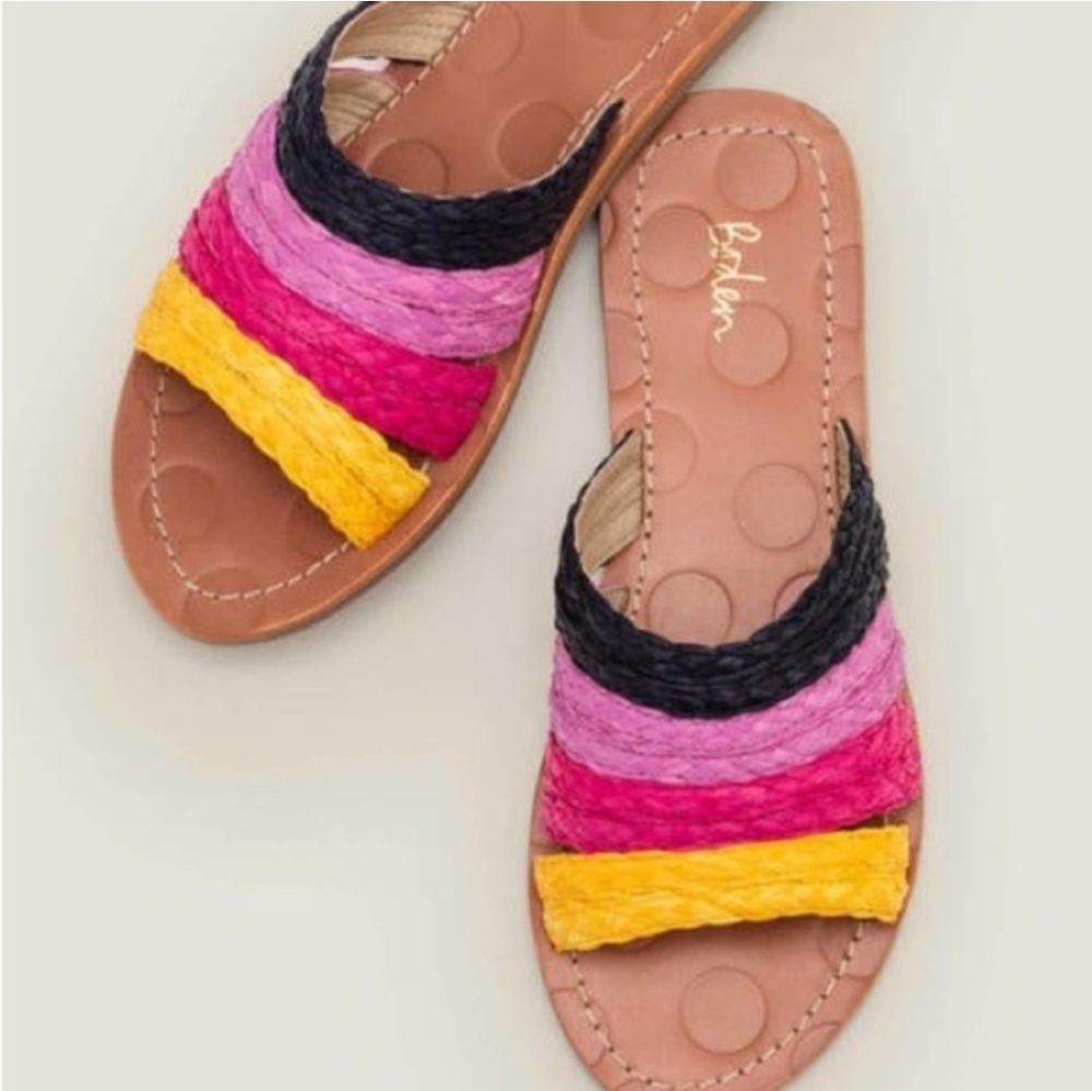 Boden Leonora Raffia Slides Woven Multicolor Black Fuchsia Yellow Pink Size 36
